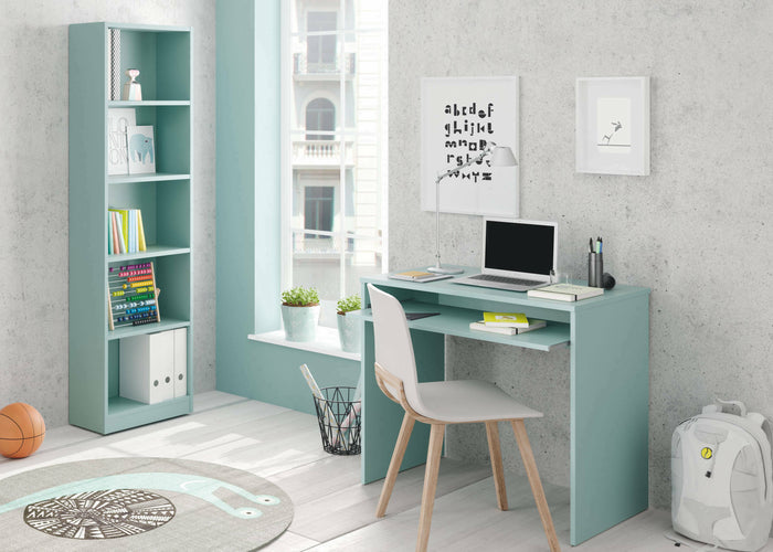 Libreria Pomona, Mobile portalibri alta a 5 ripiani, Scaffale da ufficio o cameretta, Scaffale moderno con scomparti, cm 52x25h80, Verde acqua