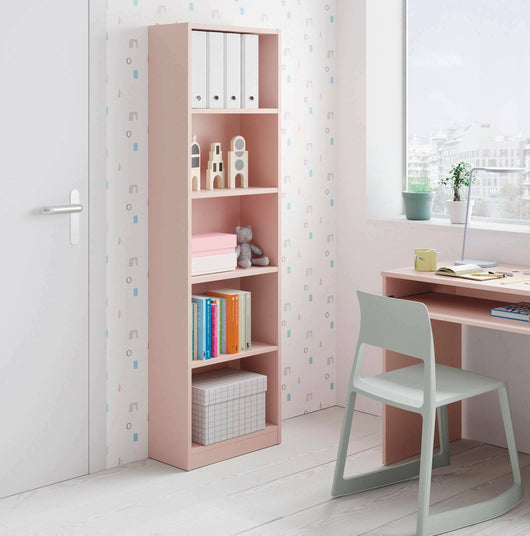 Libreria Pomona, Mobile portalibri alta a 5 ripiani, Scaffale da ufficio o cameretta, Scaffale moderno con scomparti, cm 52x25h80, Rosa