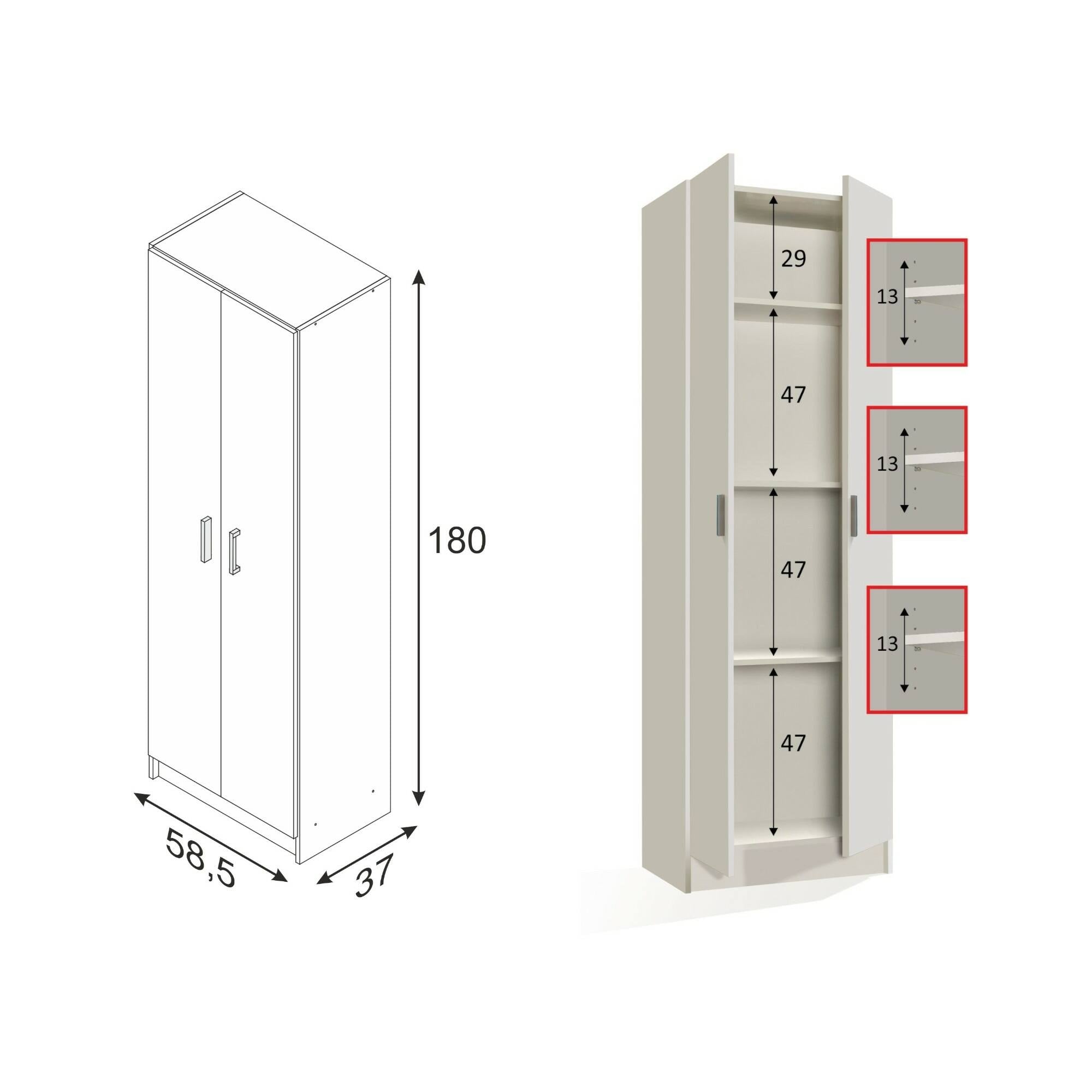 Armadio multiuso Salem, Mobile ausiliario a 2 ante, Portascarpe con 3 ripiani, Scarpiera alta moderna, cm 59x37h180, Bianco