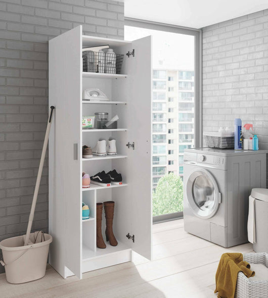 Armadio multiuso Portsmouth, Mobile ausiliario a 2 ante, Guardaroba portascarpe moderno, Scarpiera verticale, cm 59x37h180, Bianco