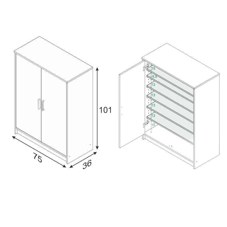 Armadio multiuso Norwalk, Armadio portascarpe a 2 ante, Mobile basso con 6 ripiani, Scarpiera bassa moderna, cm 75x36h101, Bianco