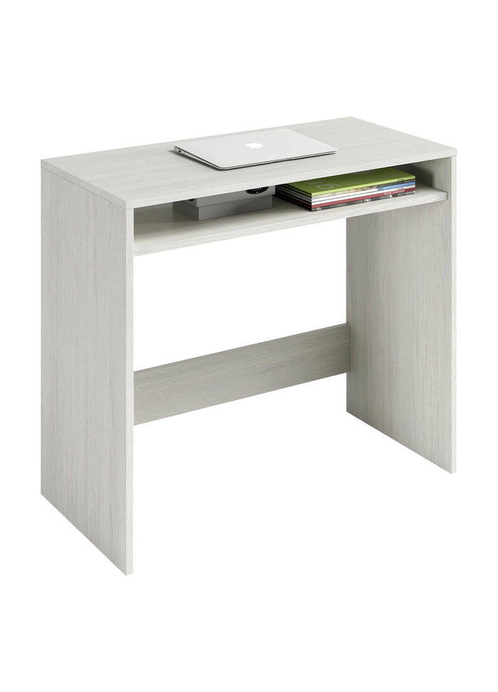 Scrivania Portland, Scrittoio lineare con ripiano fisso, Tavolo da studio o ufficio porta PC, cm 79x43h87, Bianco effetto legno