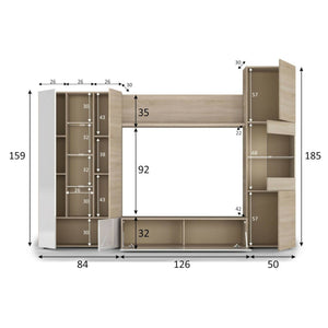 Parete attrezzata Raleigh, Mobile da soggiorno porta TV modulare, Composizione per salotto con pensili e vetrine con luce led, cm 260x42h185, Rovere e Bianco