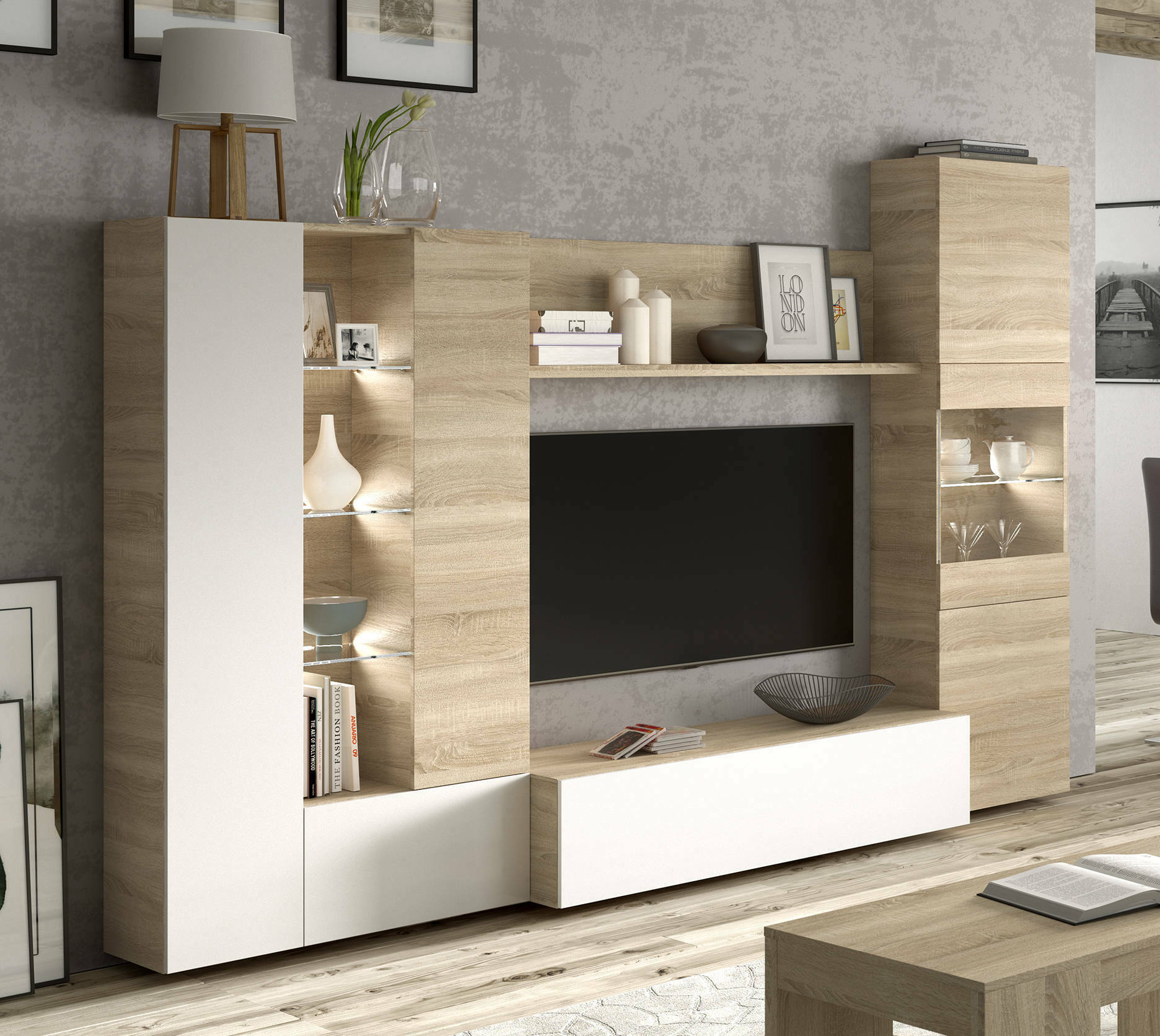 Parete attrezzata Raleigh, Mobile da soggiorno porta TV modulare, Composizione per salotto con pensili e vetrine con luce led, cm 260x42h185, Rovere e Bianco