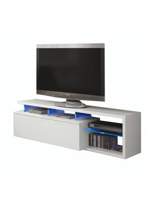 Mobile porta TV Pittsburgh, Credenza per televisione da soggiorno con 1 anta, Supporto TV con luce led, Buffet da salotto, cm 150x41h50, Bianco lucido