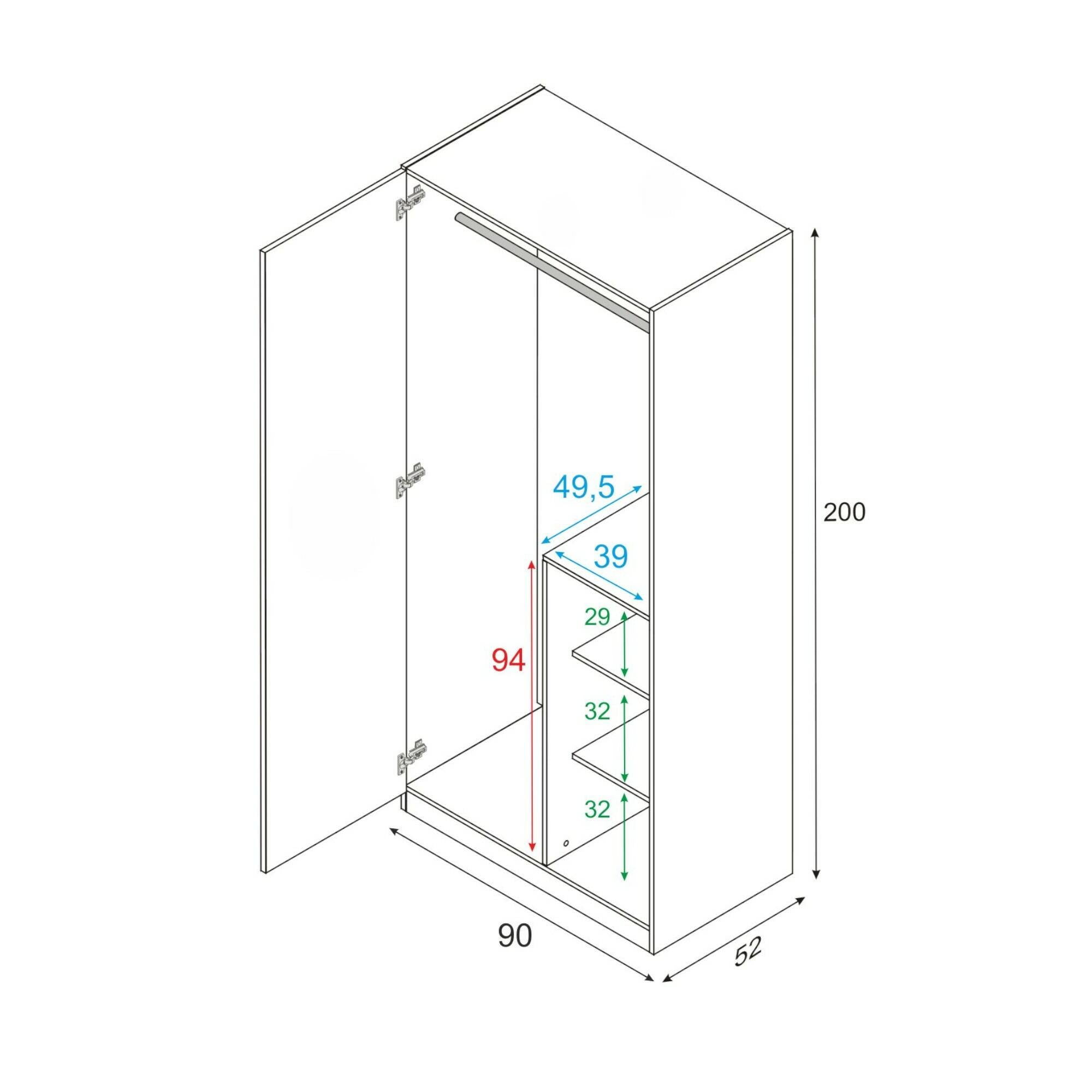 Guardaroba Abilene, Armadio per camera da letto a 2 ante battenti, Mobile con 3 ripiani e barra appendiabiti, cm 90x52h200, Bianco e Blu