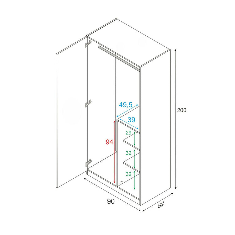 Guardaroba Abilene, Armadio per camera da letto a 2 ante battenti, Mobile con 3 ripiani e barra appendiabiti, cm 90x52h200, Bianco e Blu