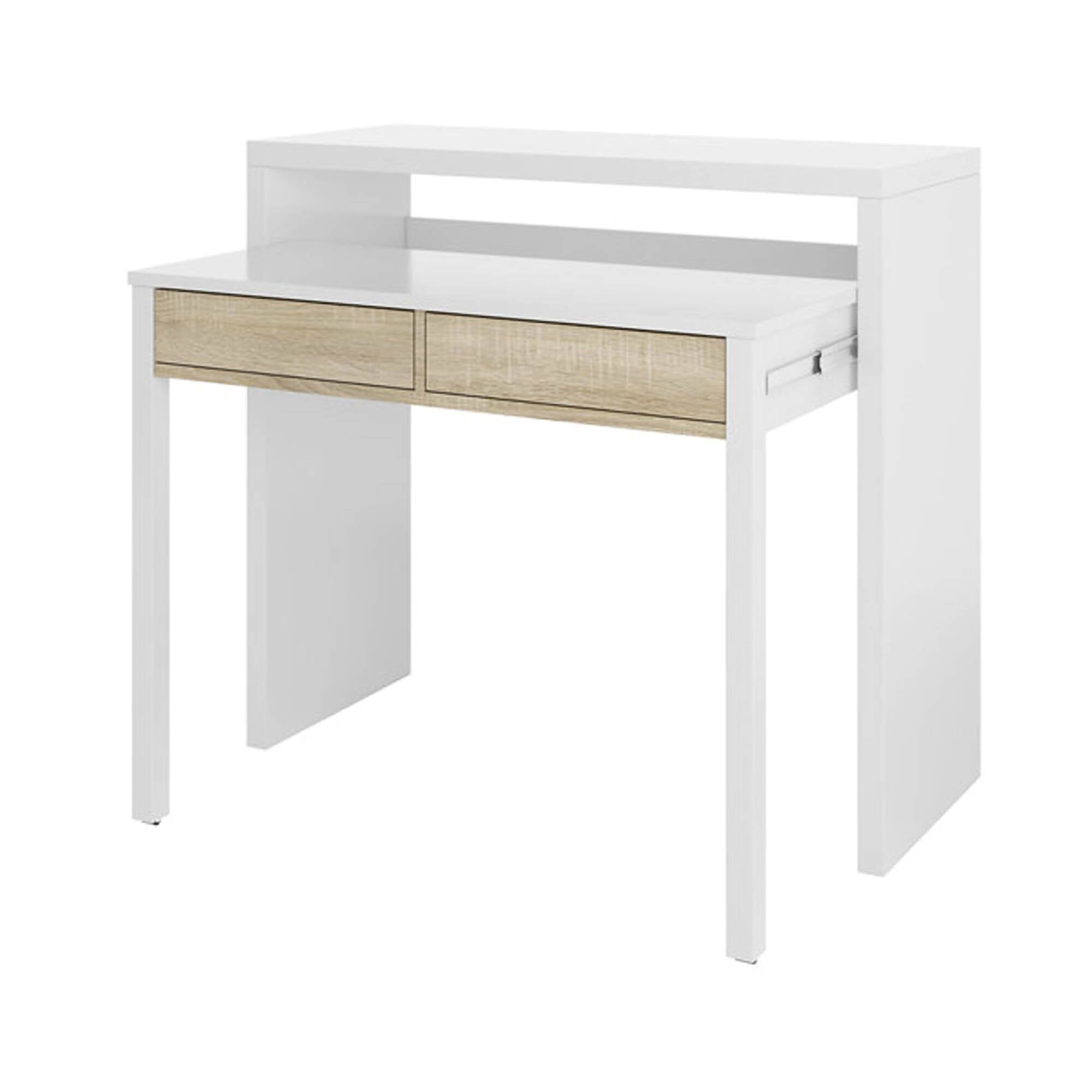 Consolle Billings, Scrivania con piano estensibile, Scrittoio porta PC con 2 cassetti, cm 99x36h88, Bianco e Rovere