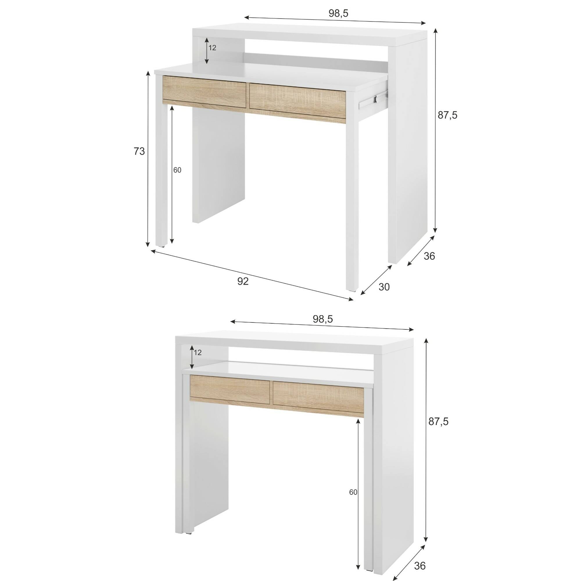 Consolle Billings, Scrivania con piano estensibile, Scrittoio porta PC con 2 cassetti, cm 99x36h88, Bianco e Rovere