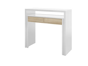 Consolle Billings, Scrivania con piano estensibile, Scrittoio porta PC con 2 cassetti, cm 99x36h88, Bianco e Rovere