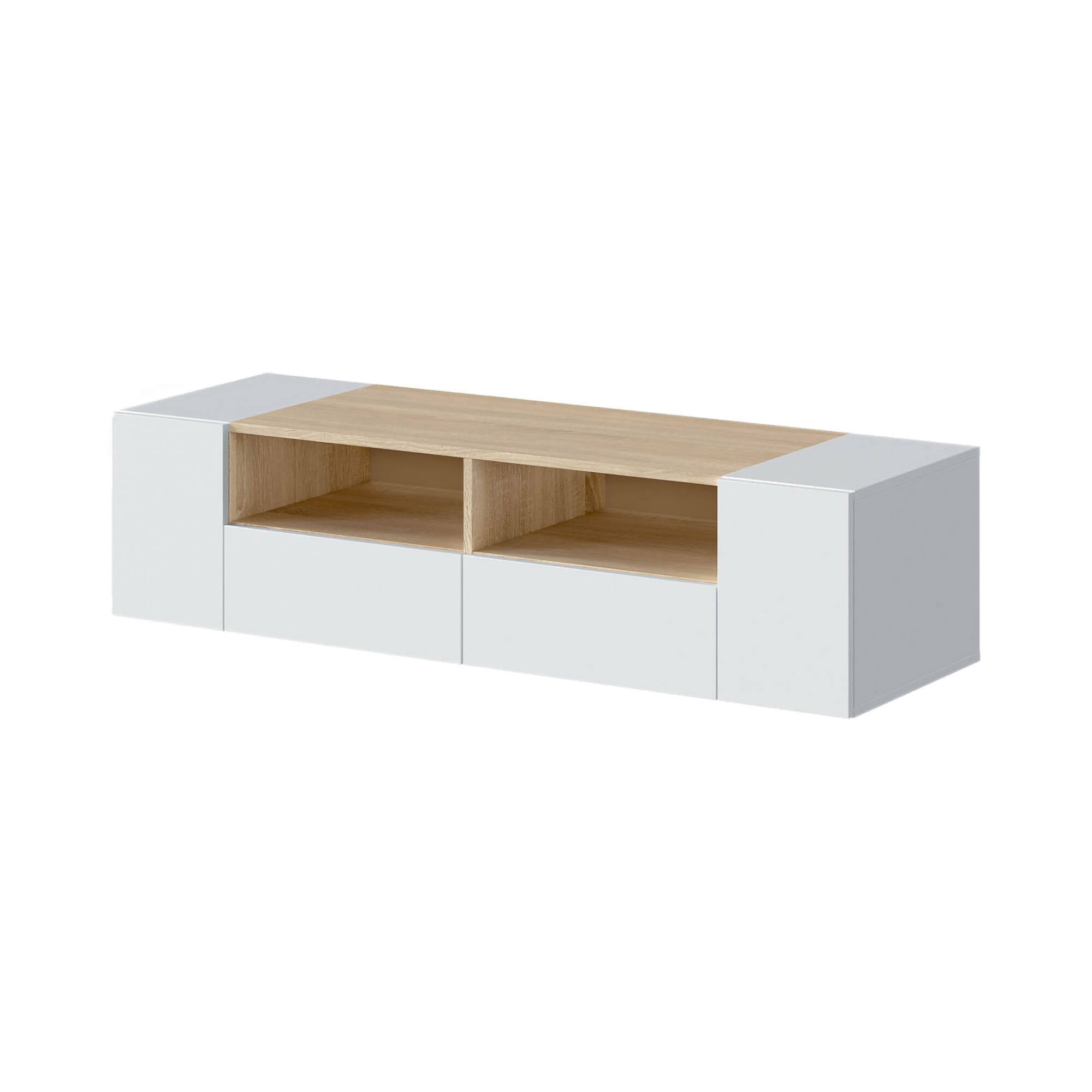 Mobile porta TV Topeka, Credenza per televisione da soggiorno, Supporto per televisione moderno, Credenza bassa multiuso, cm 138x42h36, Bianco e Rovere