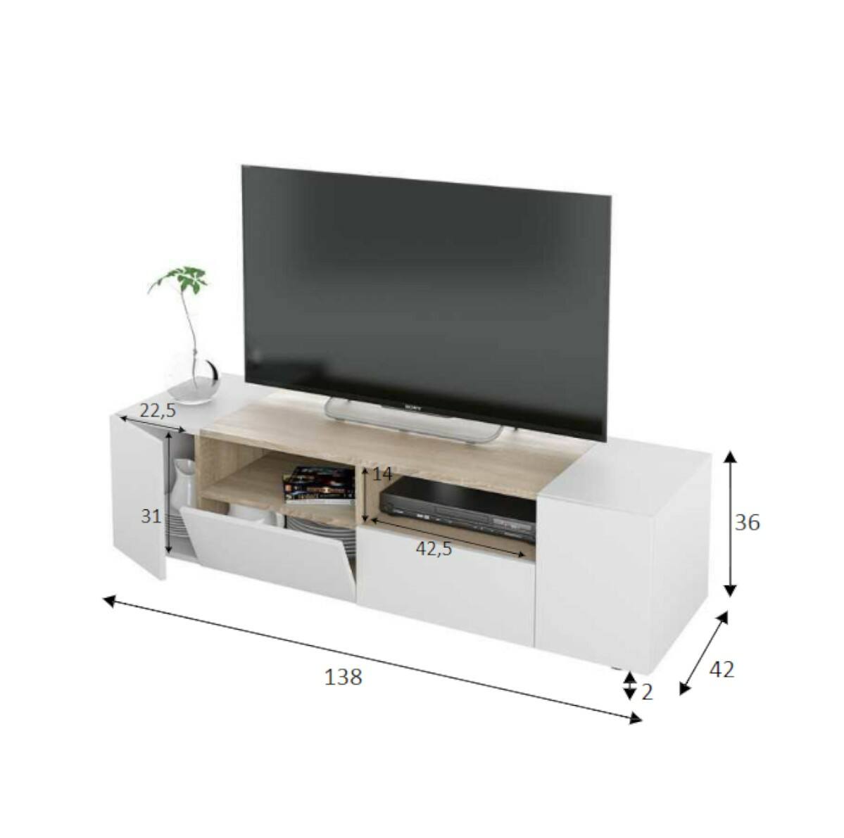 Mobile porta TV Topeka, Credenza per televisione da soggiorno, Supporto per televisione moderno, Credenza bassa multiuso, cm 138x42h36, Bianco e Rovere