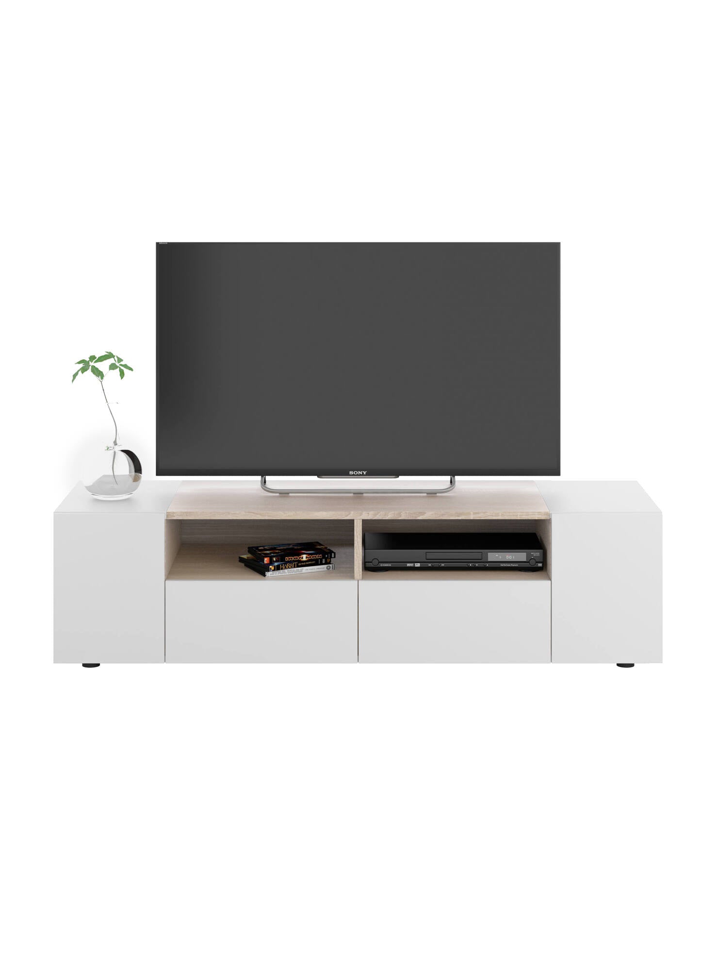 Mobile porta TV Topeka, Credenza per televisione da soggiorno, Supporto per televisione moderno, Credenza bassa multiuso, cm 138x42h36, Bianco e Rovere