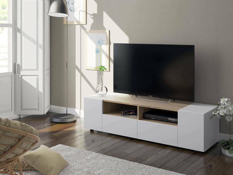 Mobile porta TV Topeka, Credenza per televisione da soggiorno, Supporto per televisione moderno, Credenza bassa multiuso, cm 138x42h36, Bianco e Rovere