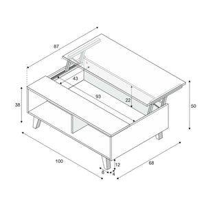 Tavolino da salotto Lincoln, Tavolino da caffè, Tavolo basso da soggiorno, cm 100x68h38, Bianco lucido e Rovere