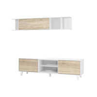 Parete attrezzata Buffalo, Mobile da soggiorno porta TV, Composizione per salotto con pensile, cm 180x41h51, Bianco e Rovere