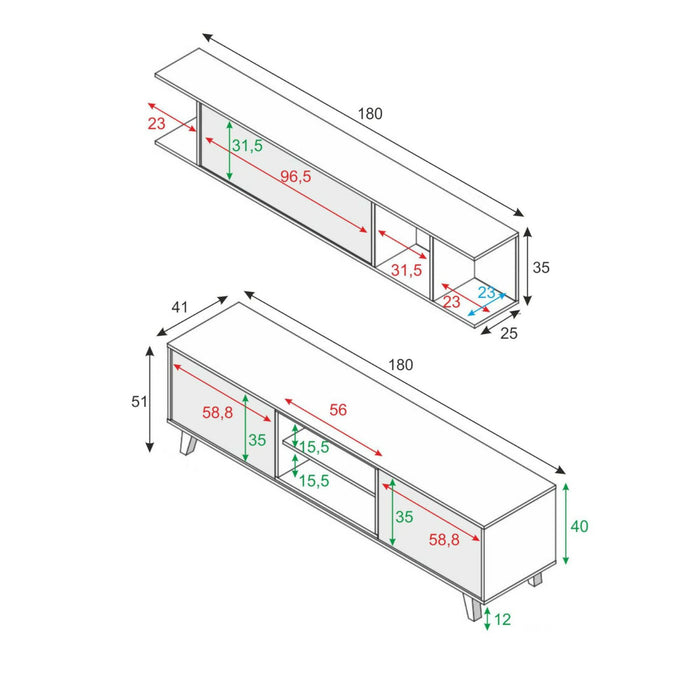 Parete attrezzata Buffalo, Mobile da soggiorno porta TV, Composizione per salotto con pensile, cm 180x41h51, Bianco e Rovere