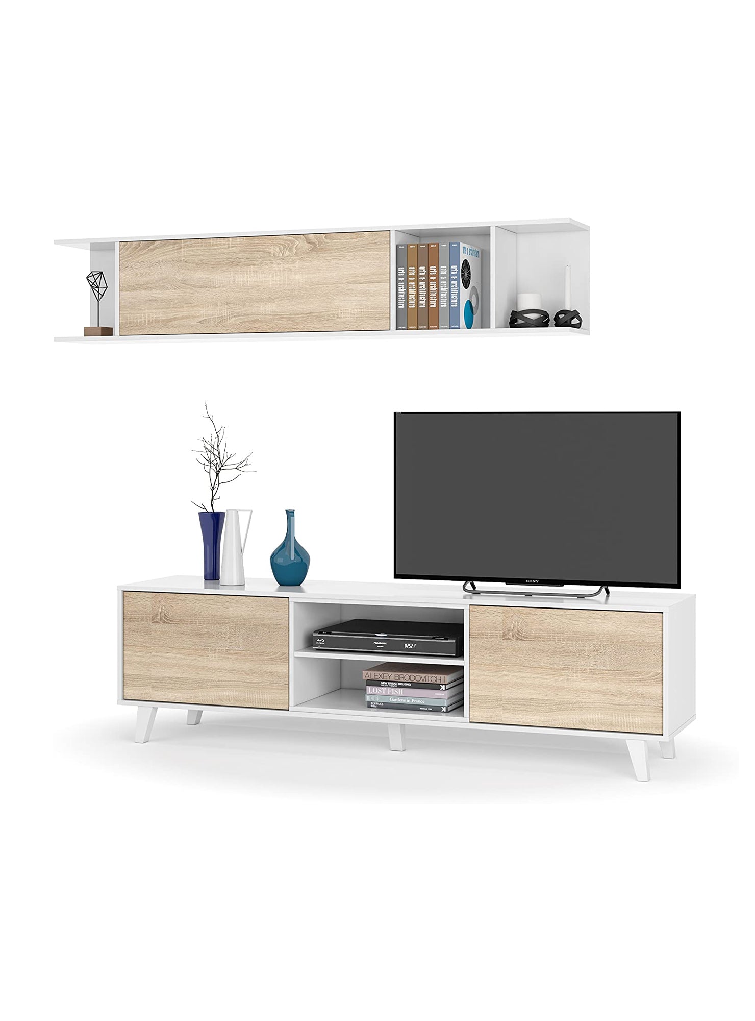 Parete attrezzata Buffalo, Mobile da soggiorno porta TV, Composizione per salotto con pensile, cm 180x41h51, Bianco e Rovere