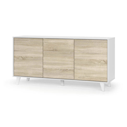 Credenza Arvada, Madia moderna a 3 ante e ripiani, Buffet da cucina, Buffet di design da soggiorno, cm 154x40h75, Bianco lucido e Bianco