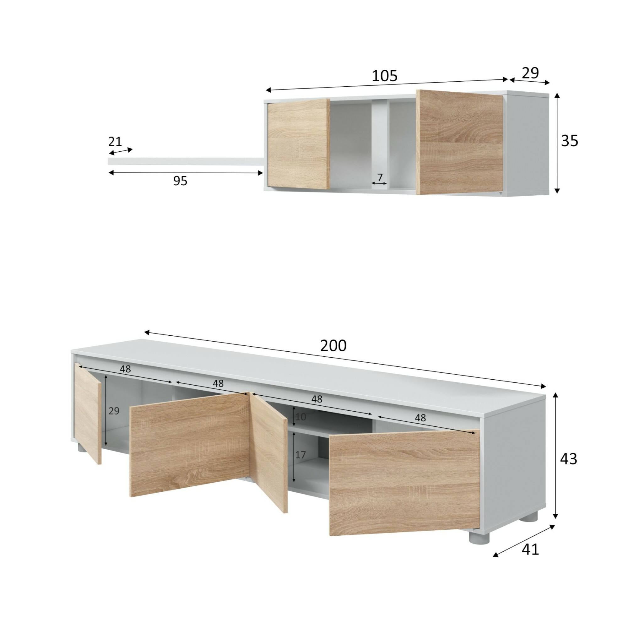 Parete attrezzata Savannah, Mobile da soggiorno porta TV, Composizione set salotto, Set salotto con pensile, cm 200x41h43, Bianco e Rovere