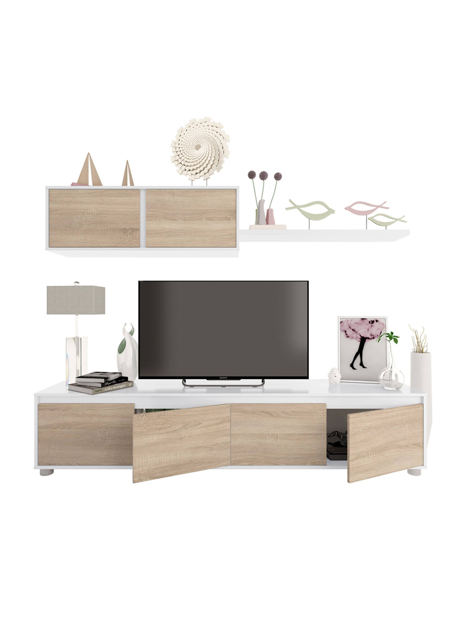 Parete attrezzata Savannah, Mobile da soggiorno porta TV, Composizione set salotto, Set salotto con pensile, cm 200x41h43, Bianco e Rovere