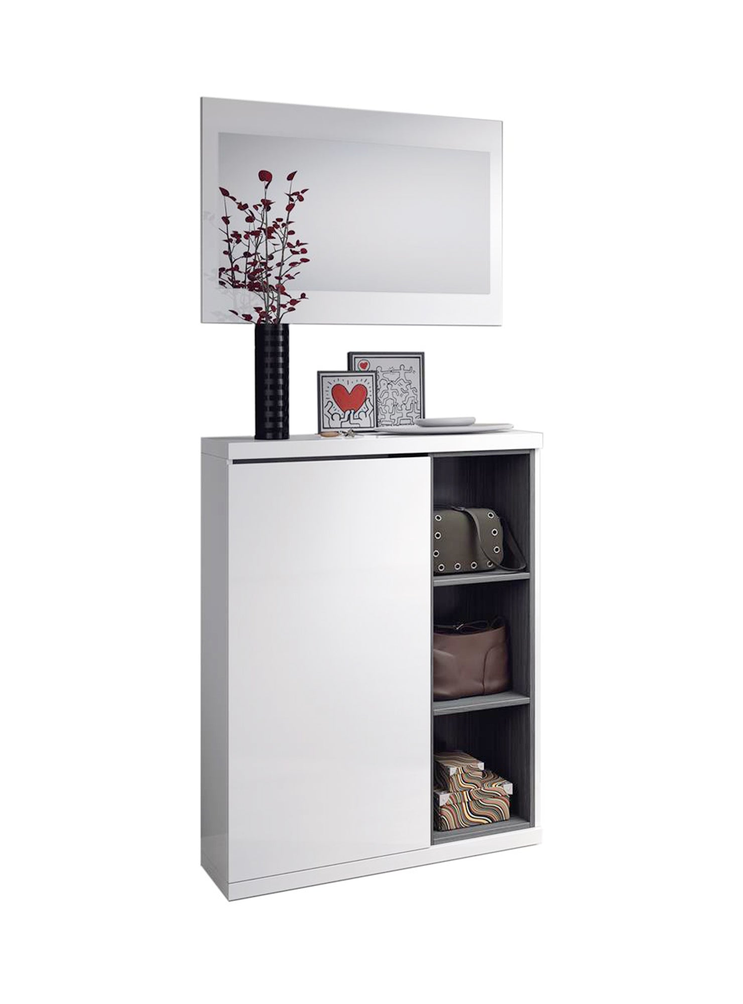 Mobile da ingresso Durham, Entratina portascarpe con specchio, Mobile scarpiera con 3 ripiani per entrata, cm 79x25h167, Bianco e Grigio cenere