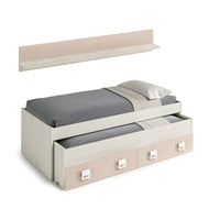 Letto singolo Fairfield, Struttura letto per cameretta, Letto singolo con lettino estraibile e 2 cassetti e mensola abbinata, cm 199x96h65, Bianco e Rosa