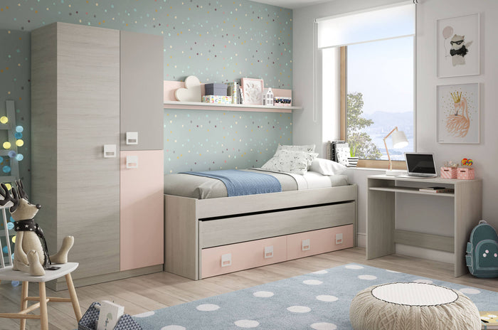 Letto singolo Fairfield, Struttura letto per cameretta, Letto singolo con lettino estraibile e 2 cassetti e mensola abbinata, cm 199x96h65, Bianco e Rosa