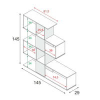 Libreria Pueblo, Mobile portalibri con 7 scomparti, Scaffale moderno da ufficio, Mobile da parete con ripiani, cm 145x29h145, Bianco e Rovere