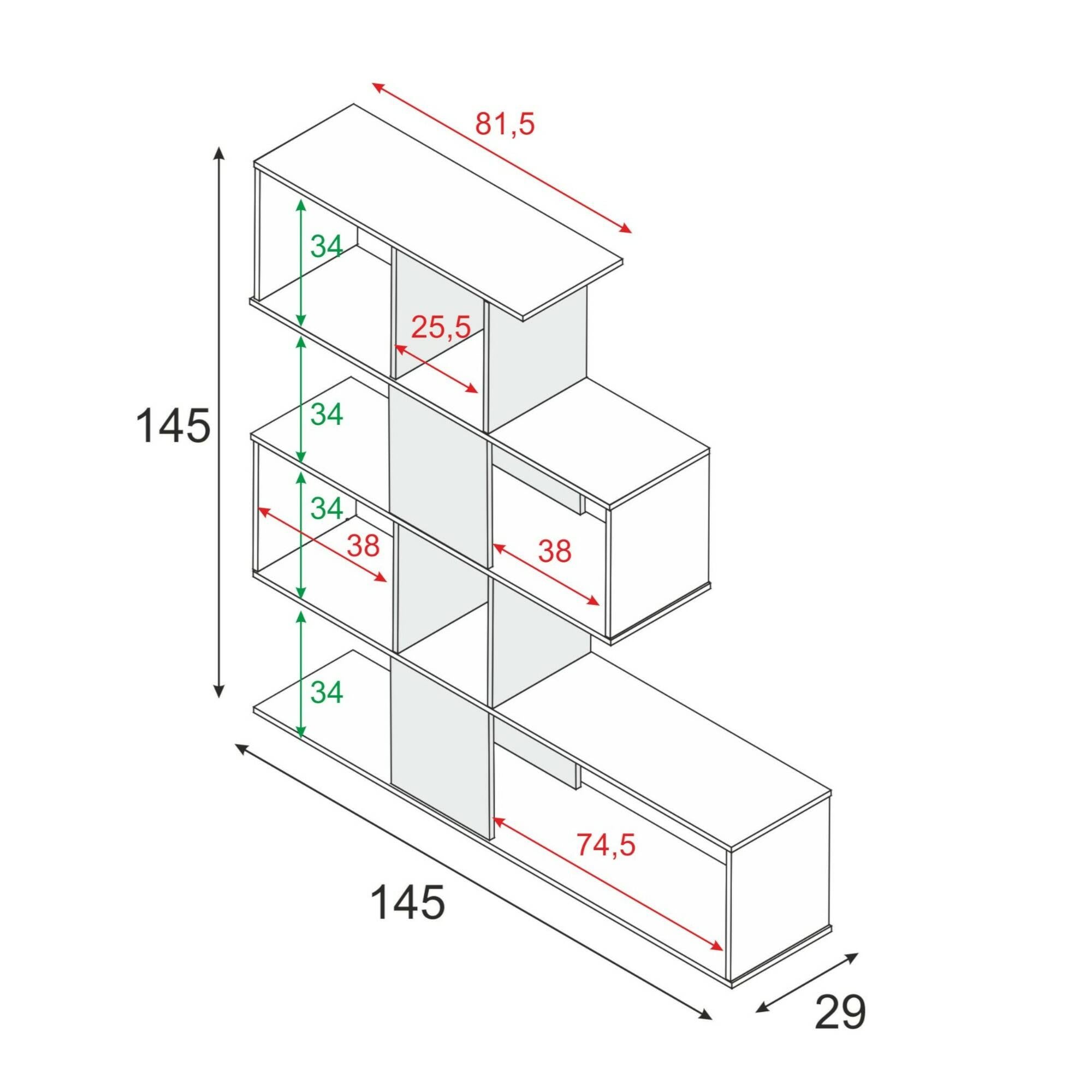 Libreria Pueblo, Mobile portalibri con 7 scomparti, Scaffale moderno da ufficio, Mobile da parete con ripiani, cm 145x29h145, Bianco e Rovere