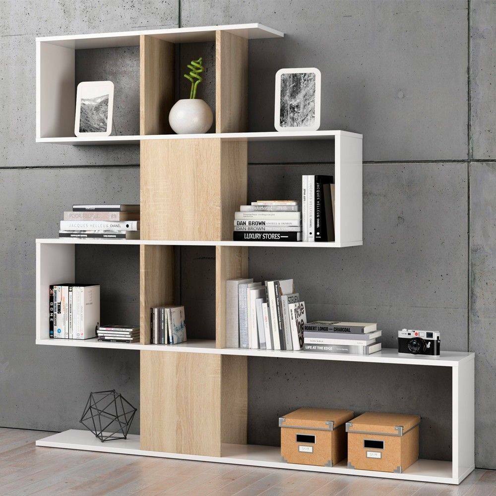 Libreria Pueblo, Mobile portalibri con 7 scomparti, Scaffale moderno da ufficio, Mobile da parete con ripiani, cm 145x29h145, Bianco e Rovere