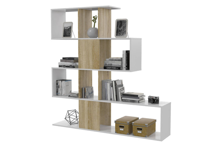 Libreria Pueblo, Mobile portalibri con 7 scomparti, Scaffale moderno da ufficio, Mobile da parete con ripiani, cm 145x29h145, Bianco e Rovere