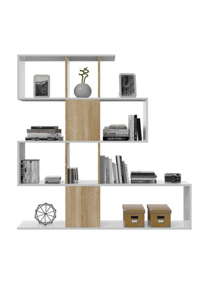 Libreria Pueblo, Mobile portalibri con 7 scomparti, Scaffale moderno da ufficio, Mobile da parete con ripiani, cm 145x29h145, Bianco e Rovere