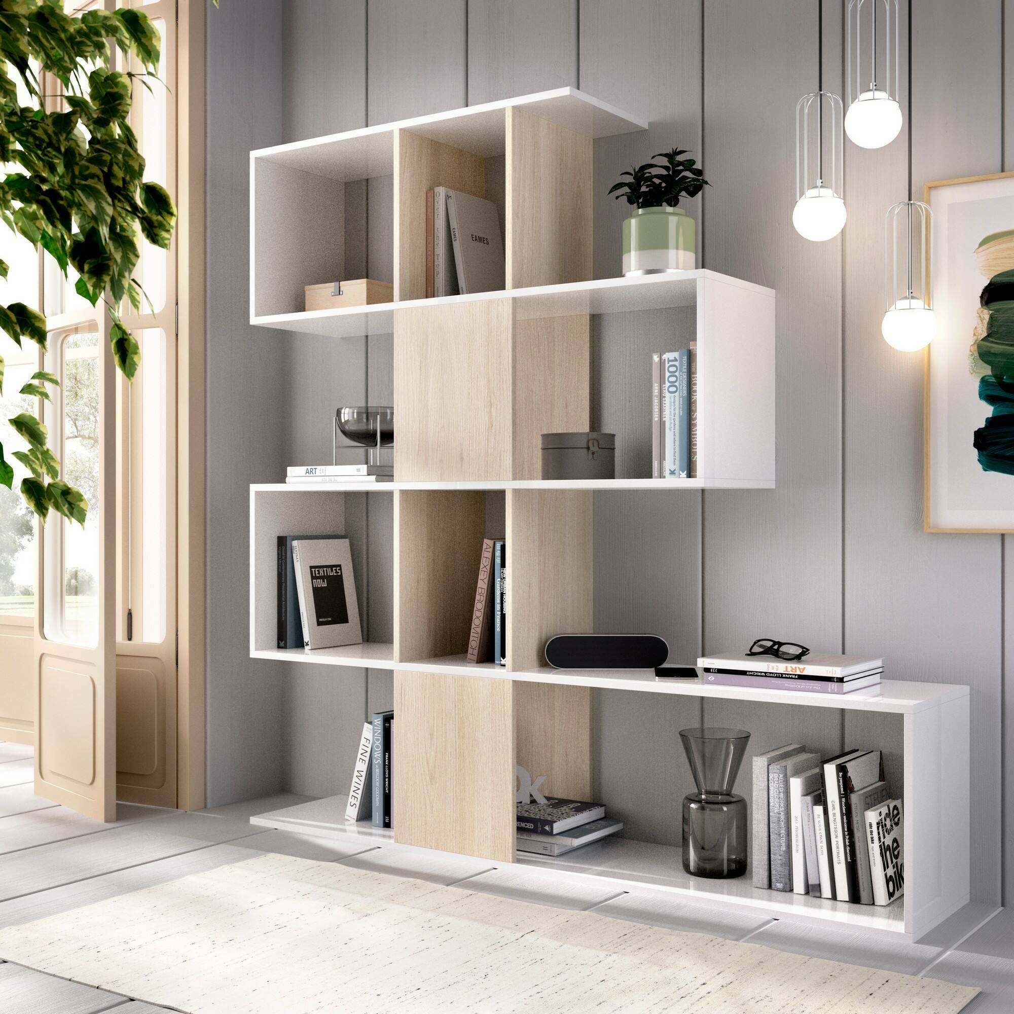 Libreria Pueblo, Mobile portalibri con 7 scomparti, Scaffale moderno da ufficio, Mobile da parete con ripiani, cm 145x29h145, Bianco e Rovere