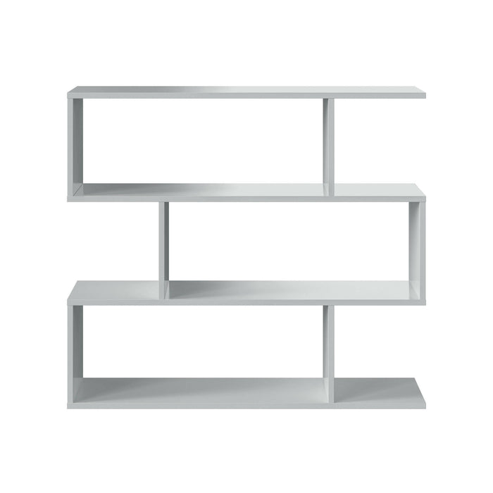 Libreria Hampton, Mobile portalibri bassa bifacciale, Scaffale con tre scomparti, Scaffale moderno da ufficio, cm 110x24h97, Bianco lucido