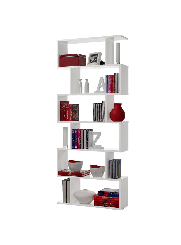 Libreria Joliet, Mobile portalibri alta bifacciale, Scaffale divisorio con 5 ripiani, Scaffale da ufficio moderno, cm 80x25h192, Bianco lucido