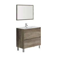 Mobile sottolavabo Modesto, Mobiletto sospeso con 2 cassetti, Armadio per bagno con specchio, Lavabo escluso, cm 80x45h80, Quercia