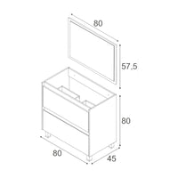 Mobile sottolavabo Modesto, Mobiletto sospeso con 2 cassetti, Armadio per bagno con specchio, Lavabo escluso, cm 80x45h80, Quercia