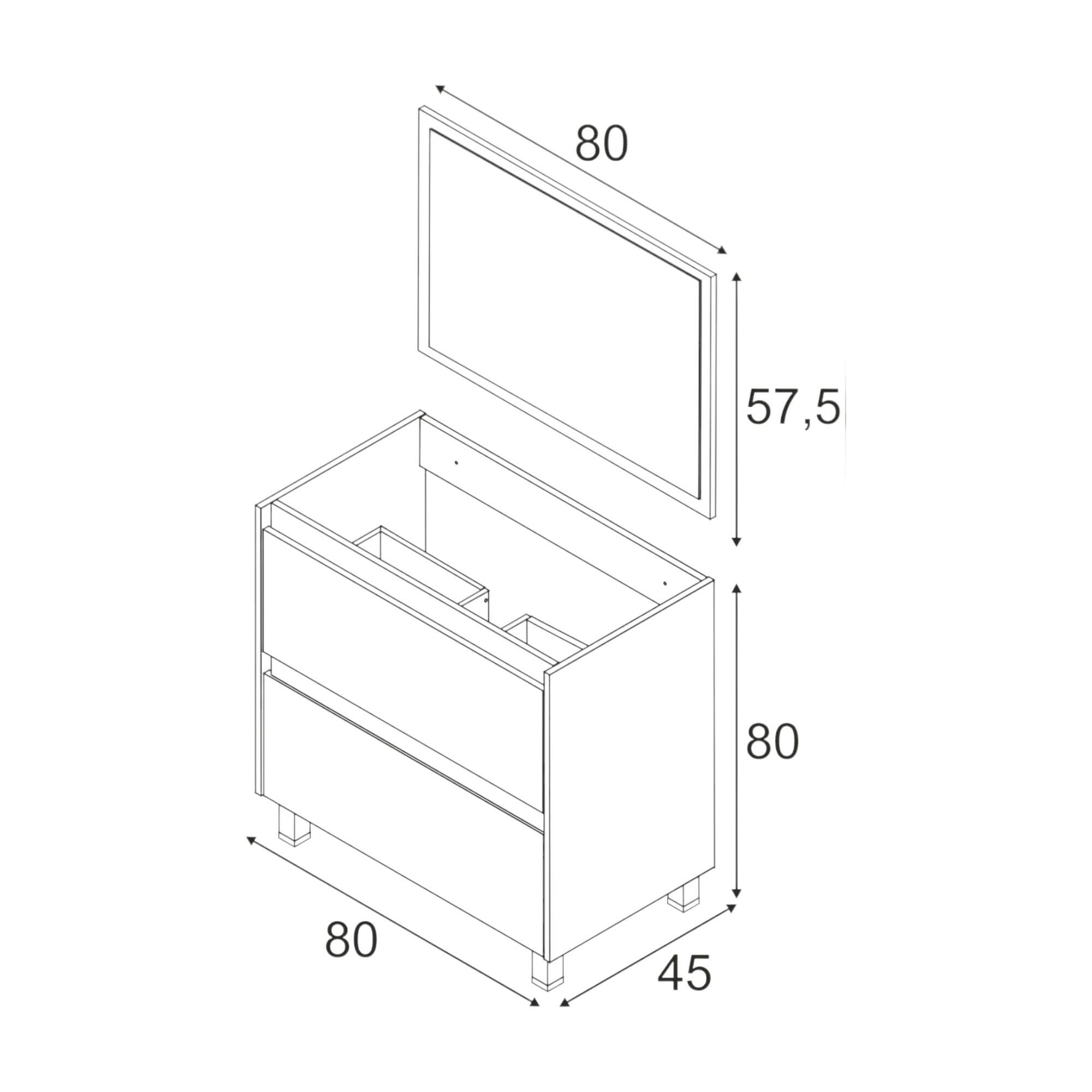 Mobile sottolavabo Modesto, Mobiletto sospeso con 2 cassetti, Armadio per bagno con specchio, Lavabo escluso, cm 80x45h80, Quercia