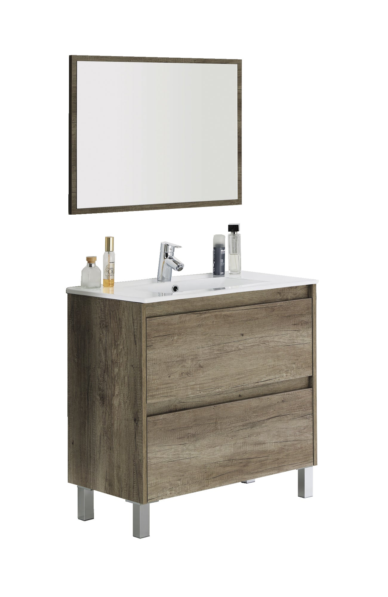 Mobile sottolavabo Modesto, Mobiletto sospeso con 2 cassetti, Armadio per bagno con specchio, Lavabo escluso, cm 80x45h80, Quercia