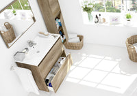 Mobile sottolavabo Modesto, Mobiletto sospeso con 2 cassetti, Armadio per bagno con specchio, Lavabo escluso, cm 80x45h80, Quercia