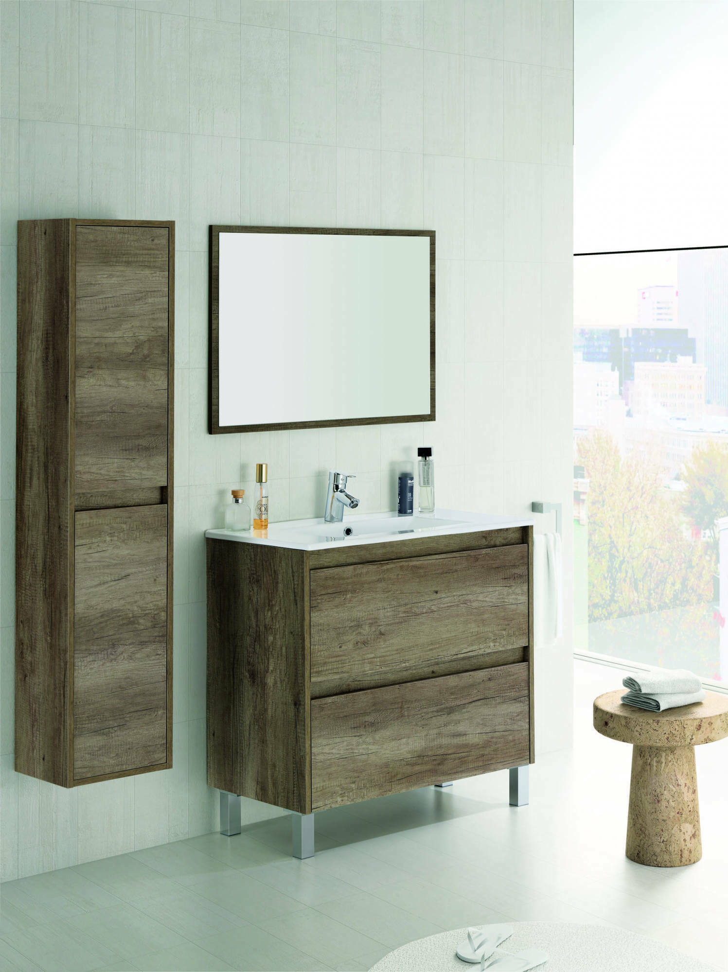 Mobile sottolavabo Modesto, Mobiletto sospeso con 2 cassetti, Armadio per bagno con specchio, Lavabo escluso, cm 80x45h80, Quercia