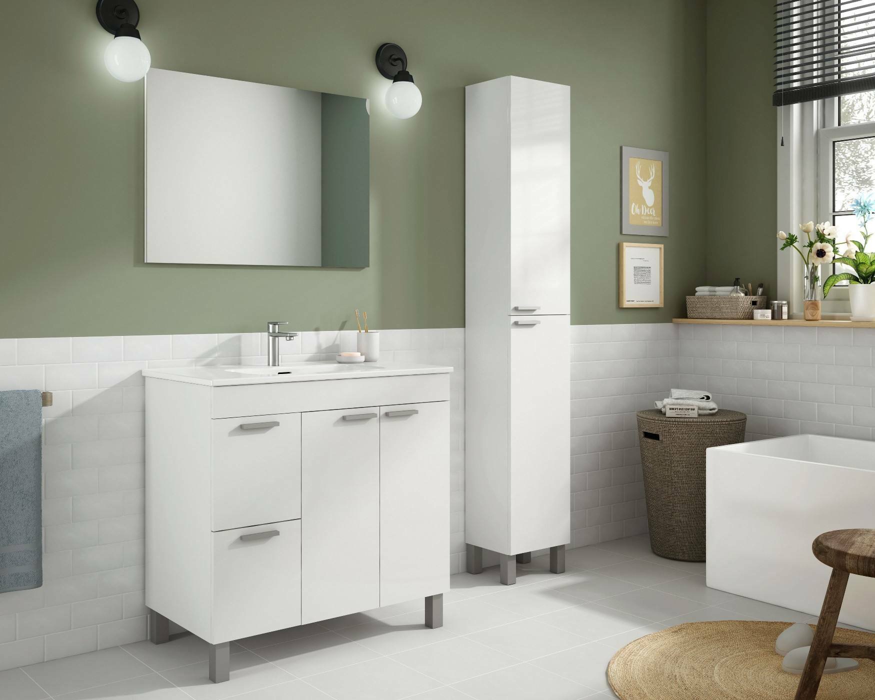 Colonna Bagno Hollywood, Mobile a colonna per bagno a 2 ante, Armadio pensile sospeso con 2 ripiani, cm 30x25h182, Bianco lucido