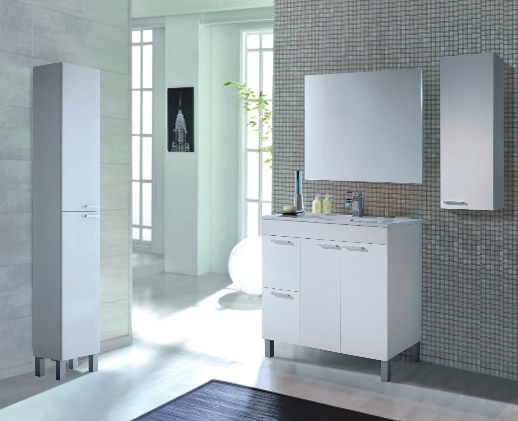 Colonna Bagno Hollywood, Mobile a colonna per bagno a 2 ante, Armadio pensile sospeso con 2 ripiani, cm 30x25h182, Bianco lucido