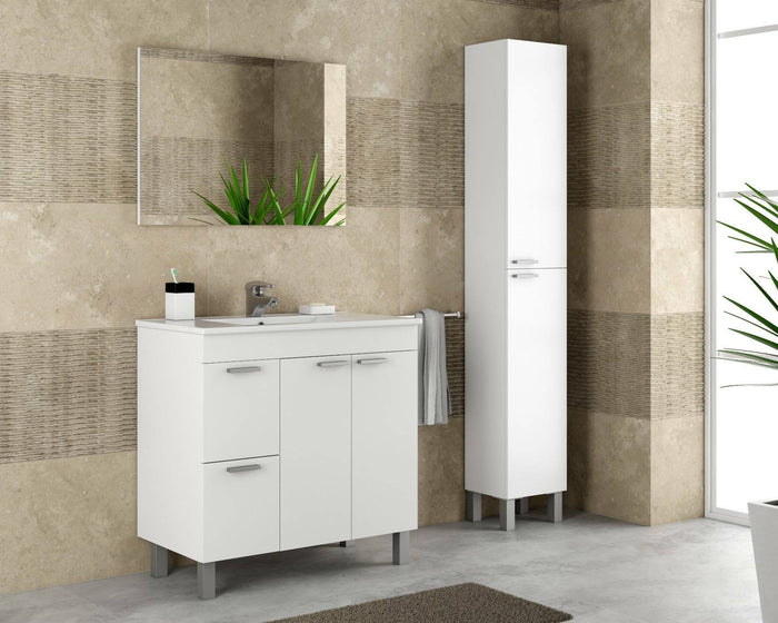 Colonna Bagno Hollywood, Mobile a colonna per bagno a 2 ante, Armadio pensile sospeso con 2 ripiani, cm 30x25h182, Bianco lucido