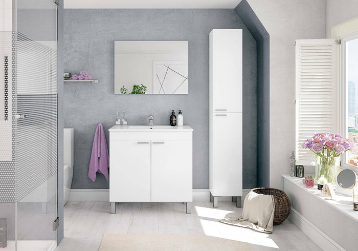 Colonna Bagno Hollywood, Mobile a colonna per bagno a 2 ante, Armadio pensile sospeso con 2 ripiani, cm 30x25h182, Bianco lucido