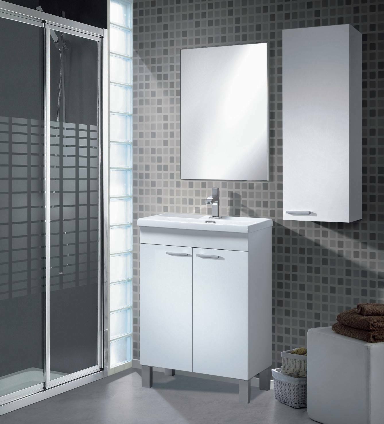 Colonna Bagno Torrance, Mobile a colonna per bagno a 1 anta, Armadio pensile sospeso con 1 ripiano, cm 30x25h85, Bianco lucido