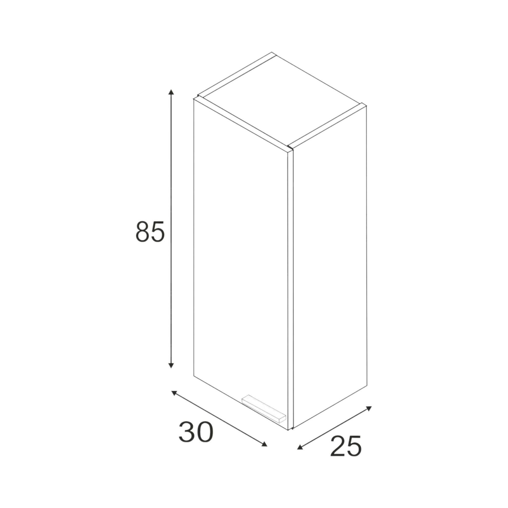 Colonna Bagno Torrance, Mobile a colonna per bagno a 1 anta, Armadio pensile sospeso con 1 ripiano, cm 30x25h85, Bianco lucido