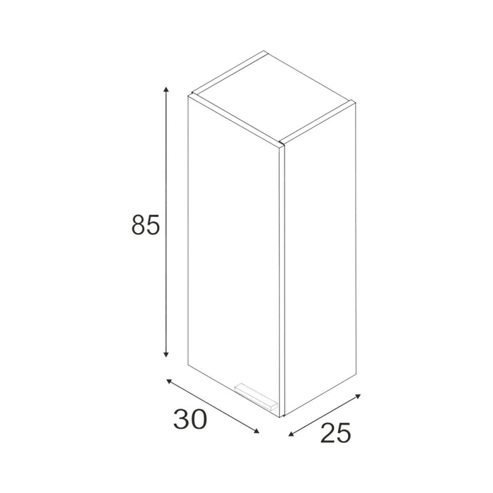 Colonna Bagno Torrance, Mobile a colonna per bagno a 1 anta, Armadio pensile sospeso con 1 ripiano, cm 30x25h85, Bianco lucido