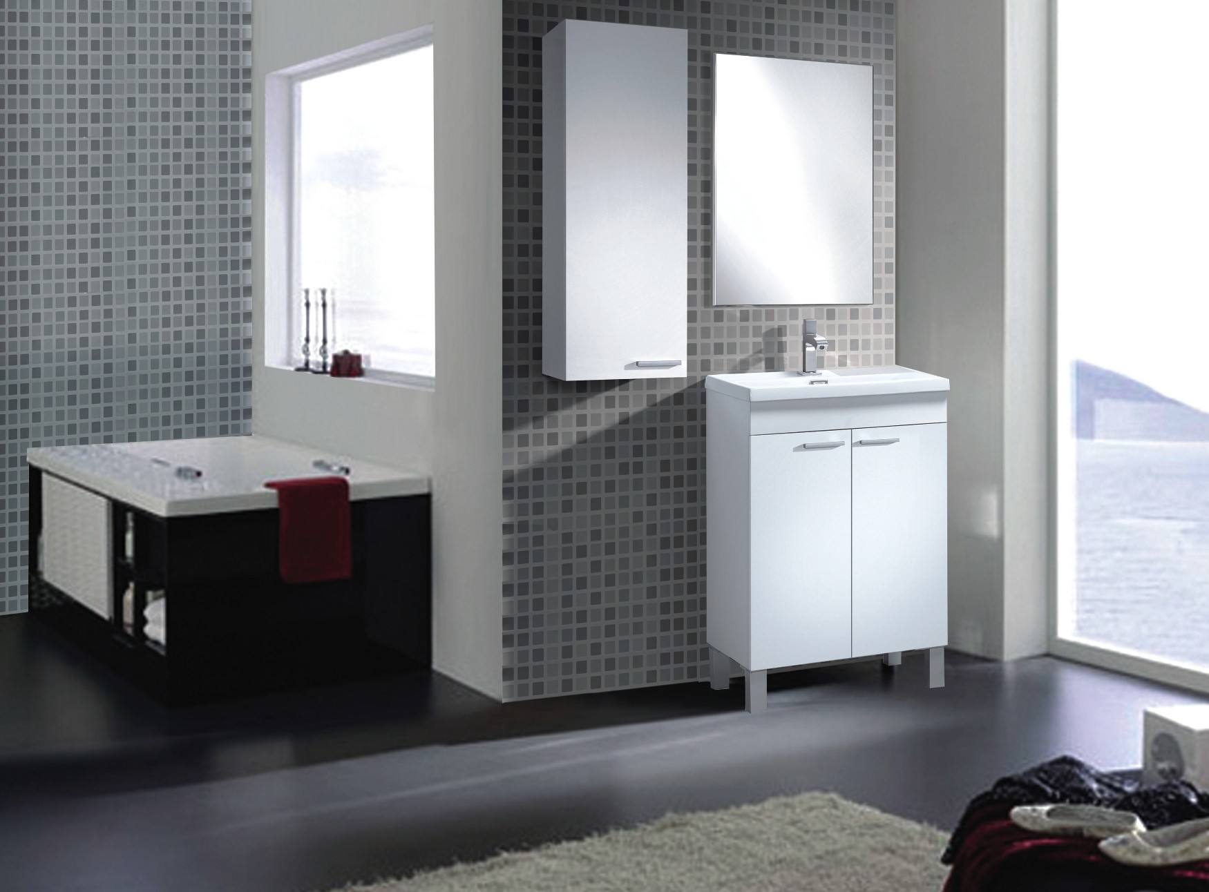 Colonna Bagno Torrance, Mobile a colonna per bagno a 1 anta, Armadio pensile sospeso con 1 ripiano, cm 30x25h85, Bianco lucido